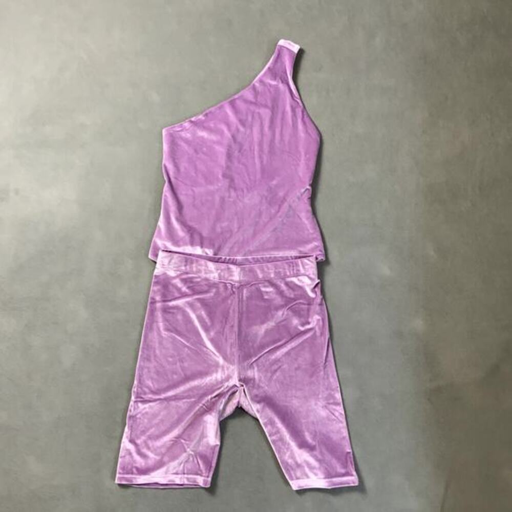 FABLETICS Gigi Velour Bodysuit & Biker‎ Shorts Set Purple Bright Lilac Large